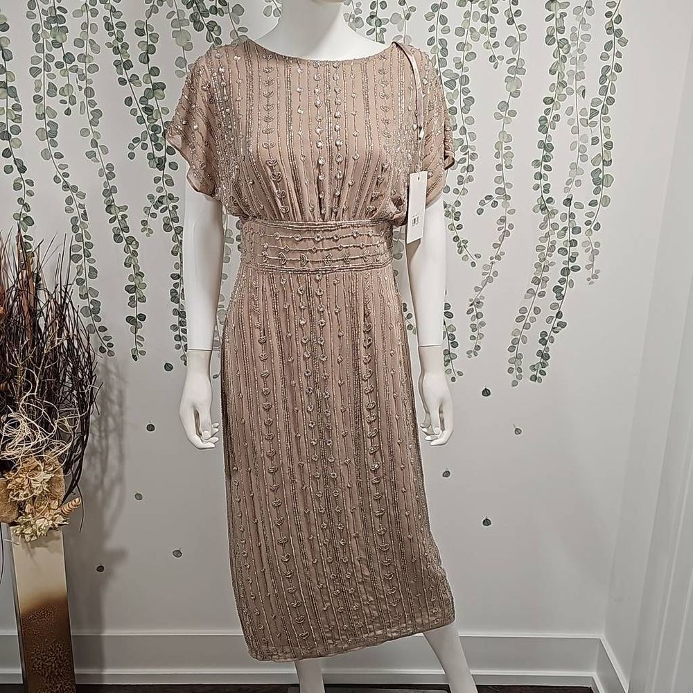 Mac Duggal Beaded Chiffon Short Sleeve Boat Neck Sheath Midi Dress Sz 6 - Picture 3 of 12